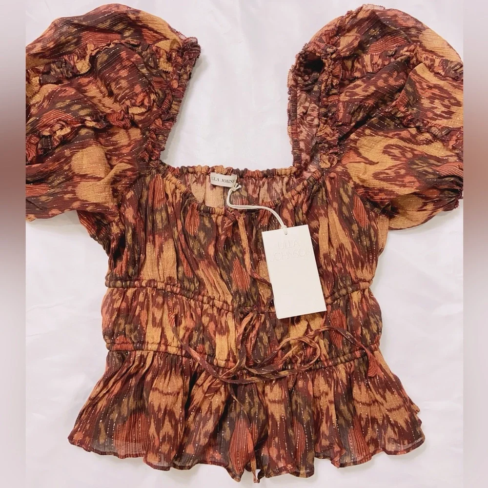 NWT Ulla Johnson Medha Top in Ember Peplum Puff Sleeves Ruffle Metallic